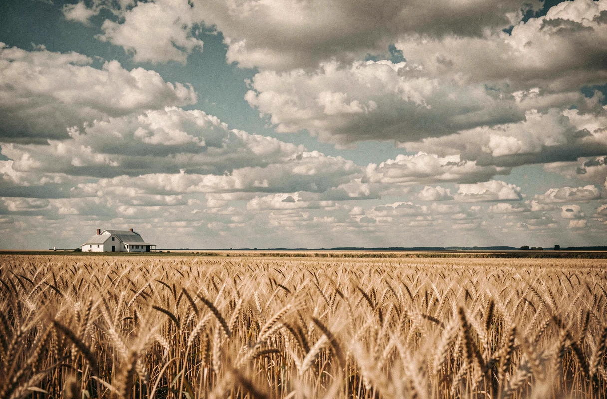 Paysage horizontal de champ de blé avec le bâtiment positionné selon la règle des tiers