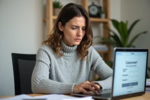 Femme utilisant un ordinateur portable pour réinitialiser son mot de passe oublié sur un portail immobilier en ligne