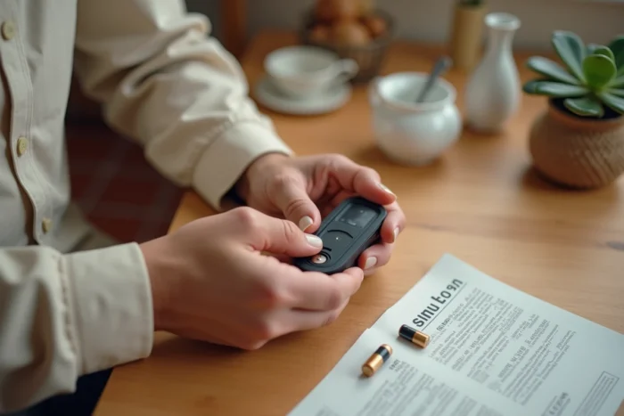 Remplacement des piles d'une télécommande Simu de volet roulant sur une table en bois dans une cuisine