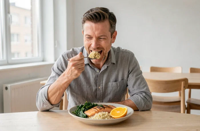 Homme mangeant un repas anti-inflammatoire équilibré à base de saumon grillé, quinoa et chou kale dans une salle à manger scandinave