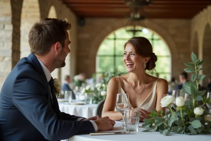 Couple marié souriant lors d'un repas de mariage intime dans un restaurant en pierre avec décoration florale épurée