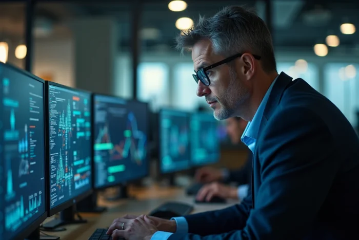 Responsable informatique analysant des tableaux de bord de cybersécurité sur plusieurs écrans dans un bureau d'entreprise moderne, illustrant la gestion des cyber risques