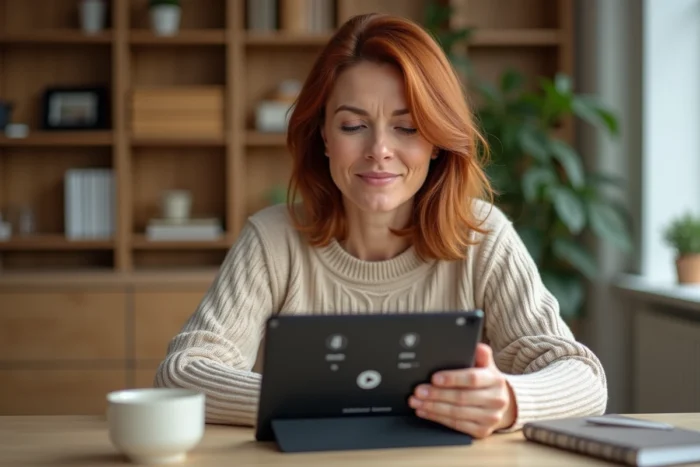 Femme utilisant Reverso traduction vocale sur une tablette dans un bureau à domicile