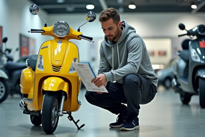 Jeune homme lisant les caractéristiques techniques d'un scooter sans permis dans une concession