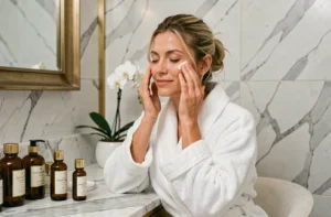 Femme en robe de bain luxueuse appliquant une crème visage de soin haut de gamme devant un miroir en marbre blanc dans un spa élégant