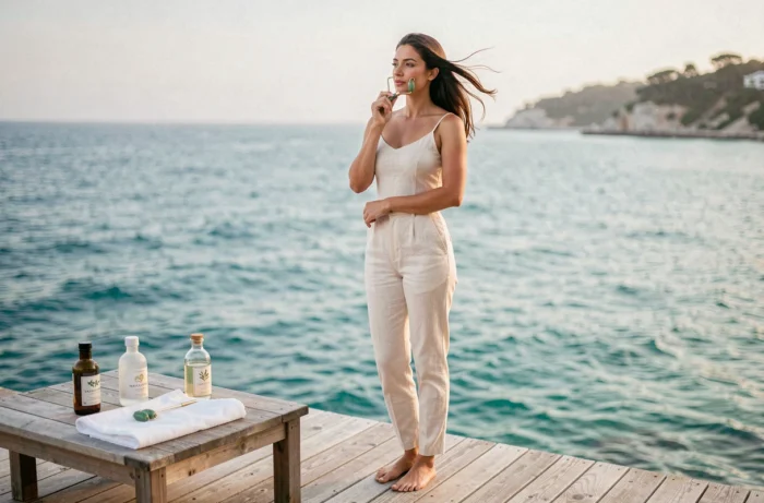 Femme utilisant un rouleau en jade sur une terrasse en teck face à la mer turquoise dans un refuge côtier de luxe