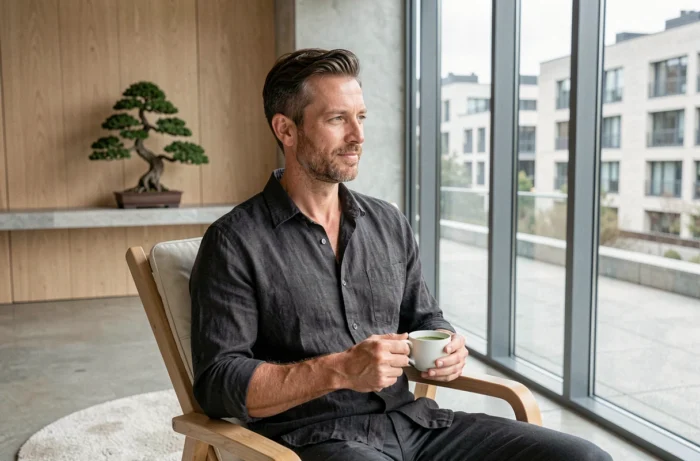 Homme élégant dégustant un thé matcha dans un espace bien-être moderne et épuré aux finitions en bois de chêne et béton poli