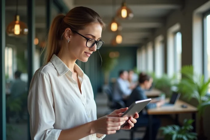 Jeune femme accédant de façon sécurisée au webmail Convergence sur une tablette dans un espace de co-working à Lyon