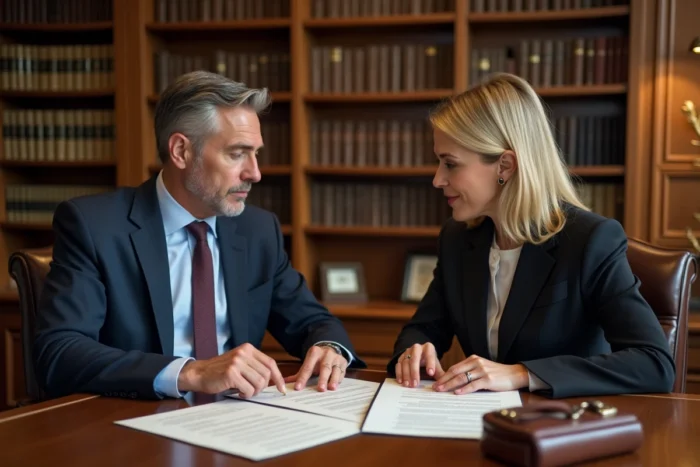 Deux particuliers signant un contrat de vente d'étang chez un notaire