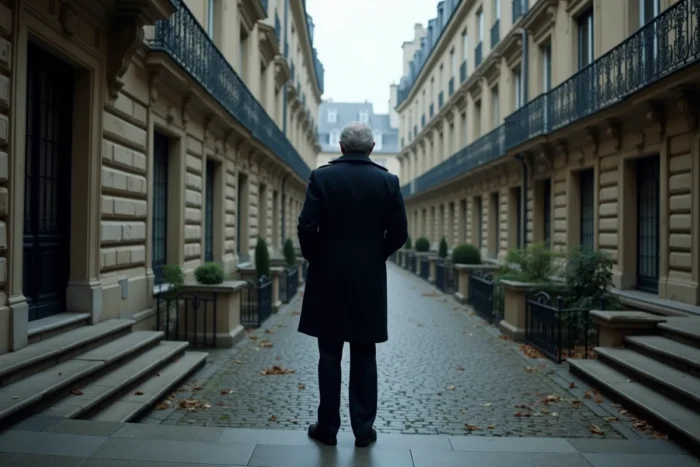 Silhouette d'un homme en manteau devant un immeuble haussmannien parisien, symbolisant la discrétion et les secrets d'une grande fortune