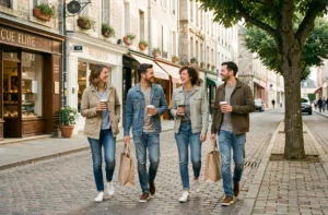 Groupe d'amis se promenant et discutant dans une rue piétonne animée de Cholet, ambiance conviviale et détendue