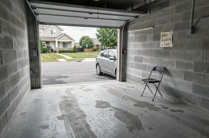 Garage résidentiel avec porte entrouverte et note indiquant une place de parking disponible à la sous-location
