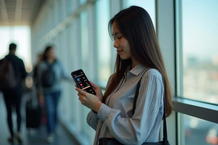 Jeune femme utilisant l'application Speak and Translate dans un aéroport avec son smartphone