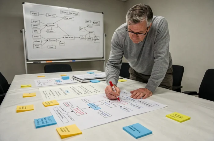 Expert SEO annotant une structure de sitemap imprimée lors d'une séance de travail en salle de réunion