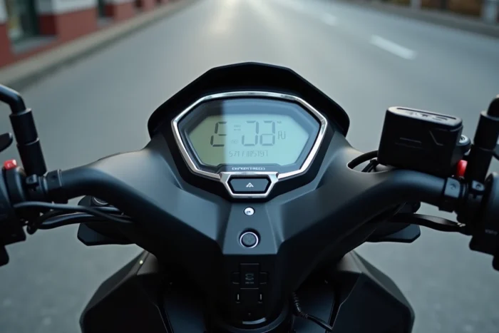 Gros plan sur le tableau de bord numérique du Yamaha XMAX 125 avec compteur de vitesse et indicateurs