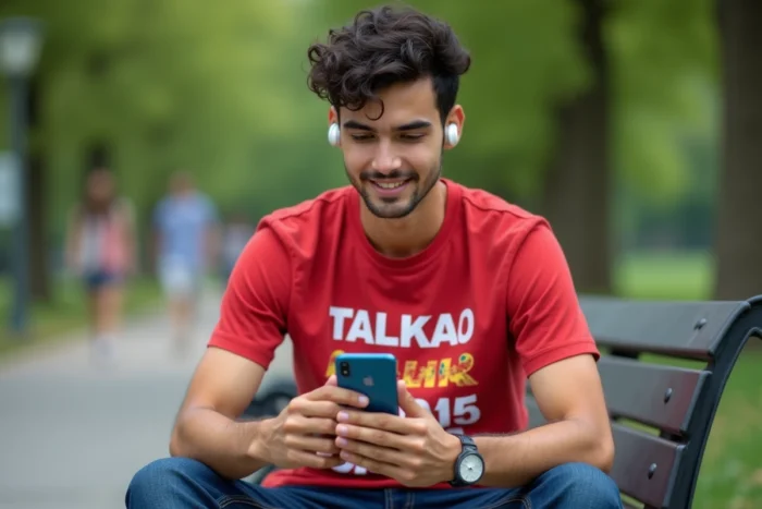 Jeune homme utilisant l'application Talkao Translate avec des écouteurs sans fil dans un parc