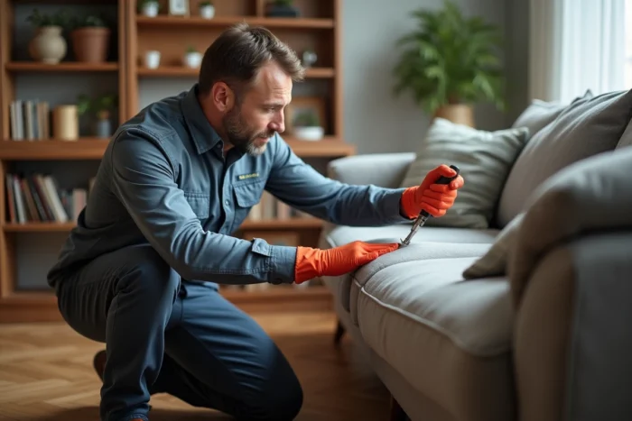 Technicien en désinsectisation inspectant un canapé pour détecter des punaises de lit dans un appartement