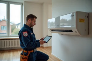 Technicien CVC diagnostiquant un code erreur sur une pompe à chaleur Hitachi murale dans un salon résidentiel moderne