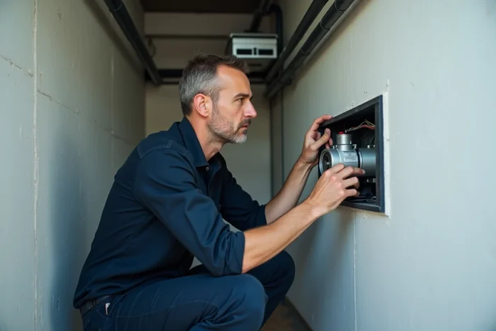 Technicien inspectant le moteur récepteur d'un volet roulant Simu dans un couloir technique résidentiel