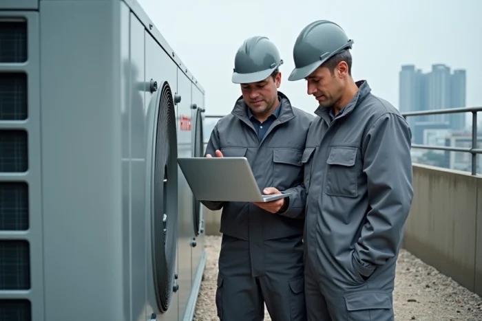 Deux techniciens analysant les journaux d'erreurs d'une pompe à chaleur Hitachi extérieure sur un toit de bâtiment commercial
