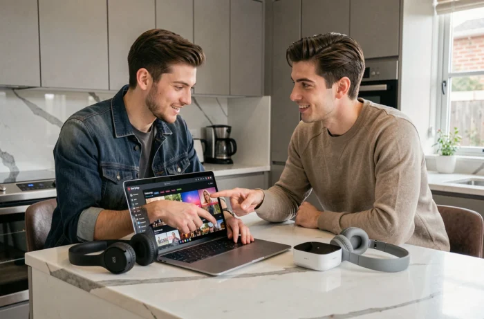Couple choisissant une série sur ordinateur portable avec casque sans fil et assistant connecté dans une cuisine moderne