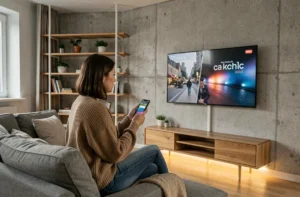 Femme regardant une série sur un téléviseur OLED connecté dans un salon moderne avec smartphone et application de streaming