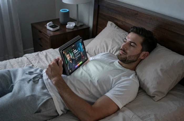 Homme regardant une série en streaming sur tablette dans une chambre moderne avec écouteurs sans fil et enceinte connectée