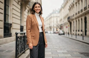 Femme élégante en blazer camel et pantalon large charbon dans une rue parisienne, look mode tendance automne