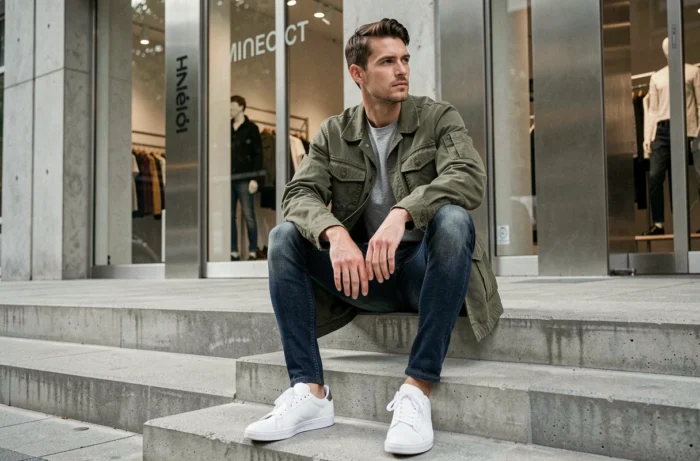 Homme stylé en veste utilitaire olive et jean indigo devant une boutique moderne, inspiration mode street style masculin