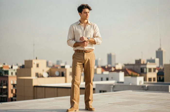 Jeune homme en chemise en lin écru et chino camel sur une terrasse urbaine, inspirations mode masculine décontractée et estivale