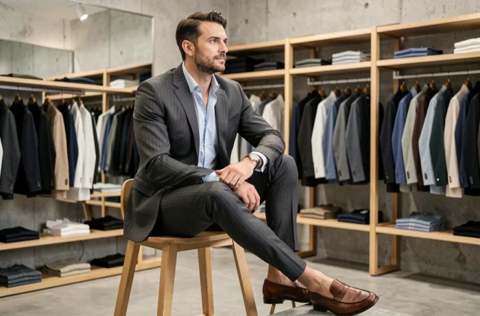Homme en costume à fines rayures craie assis dans une boutique de mode masculine minimaliste, style contemporain et élégance urbaine
