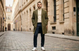 Homme élégant en manteau oversize olive et col roulé crème dans une rue pavée européenne, tendances mode masculine automne-hiver