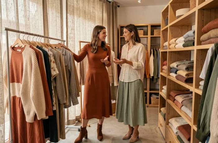 Deux amies choisissant des vêtements dans une boutique de mode indépendante, ambiance tendance automne avec tenues colorées et naturelles