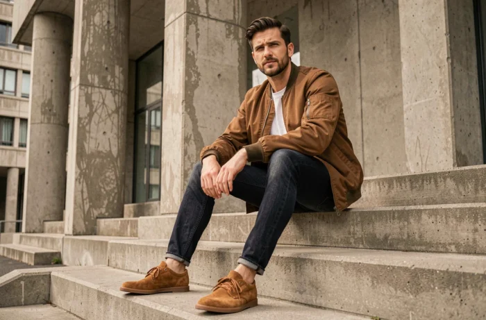 Homme en tenue streetwear contemporaine avec bomber jacket et denim slim assis sur des marches en béton dans un quartier urbain