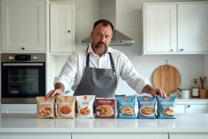 Homme disposant des produits surgelés de deux marques côte à côte sur un plan de travail de cuisine