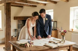 Couple de mariés rédigeant leurs vœux d'amour ensemble dans un cadre chaleureux et romantique