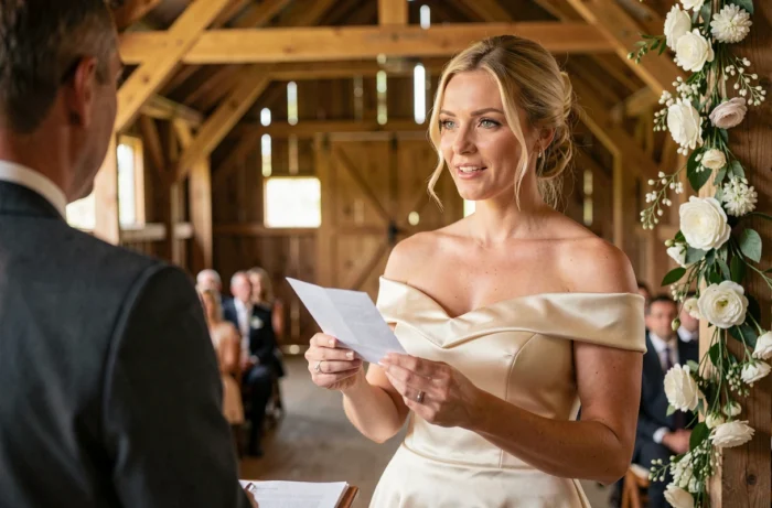 Mariée prononçant ses vœux courts de mariage en tenant un papier plié devant l'autel d'une grange