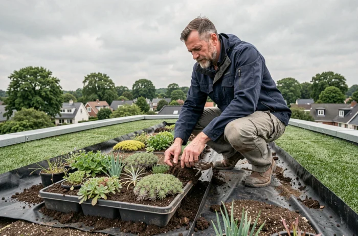 Homme installant des plantes de sédum sur un toit végétalisé d'une maison durable en milieu résidentiel