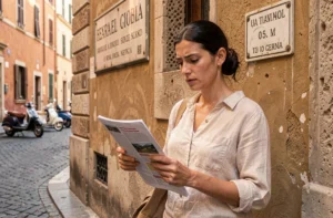 Touriste lisant une fiche d'information sur les règles de circulation en Italie dans une rue pavée romaine