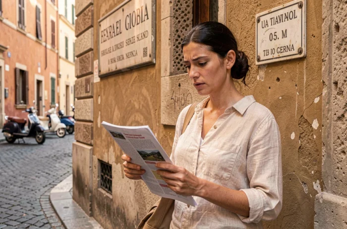 Touriste lisant une fiche d'information sur les règles de circulation en Italie dans une rue pavée romaine