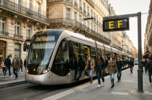 Tramway de Bordeaux ligne E et F arrêté à une station urbaine avec des passagers embarquant sur le quai
