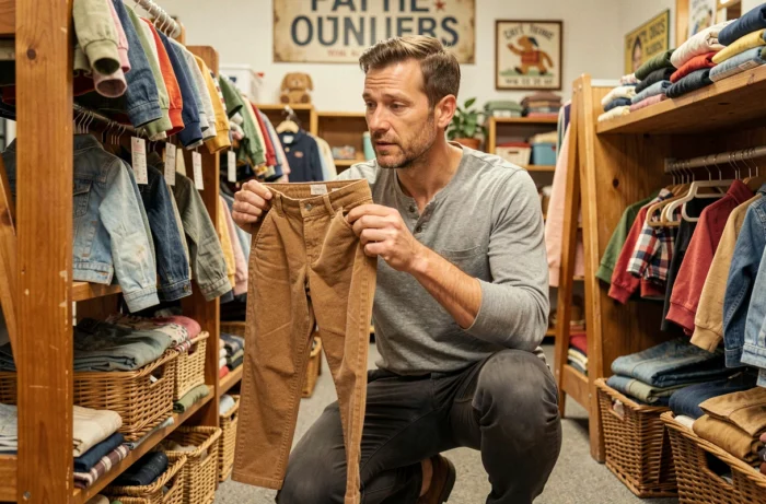 Père inspectant la taille d'un vêtement enfant d'occasion dans une friperie en étirant la ceinture d'un pantalon