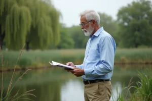 Propriétaire consultant des documents de vente au bord d'un étang en milieu rural