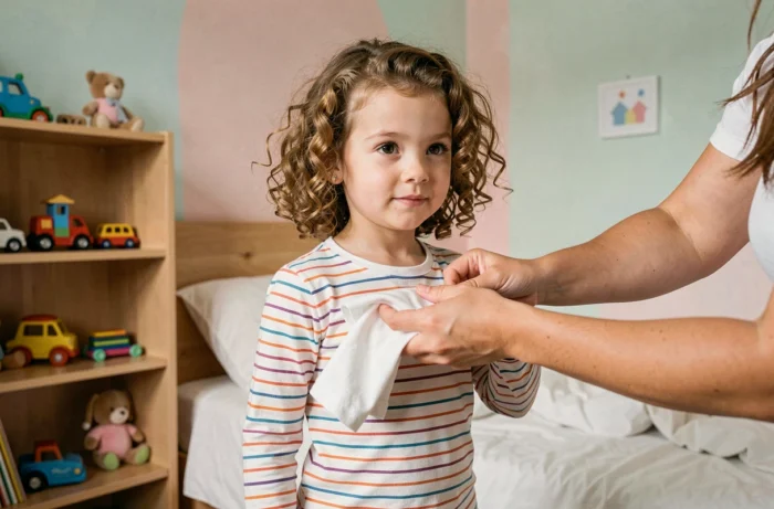 Femme vérifiant la taille d'un vêtement enfant en le tenant contre une fillette dans une chambre d'enfant