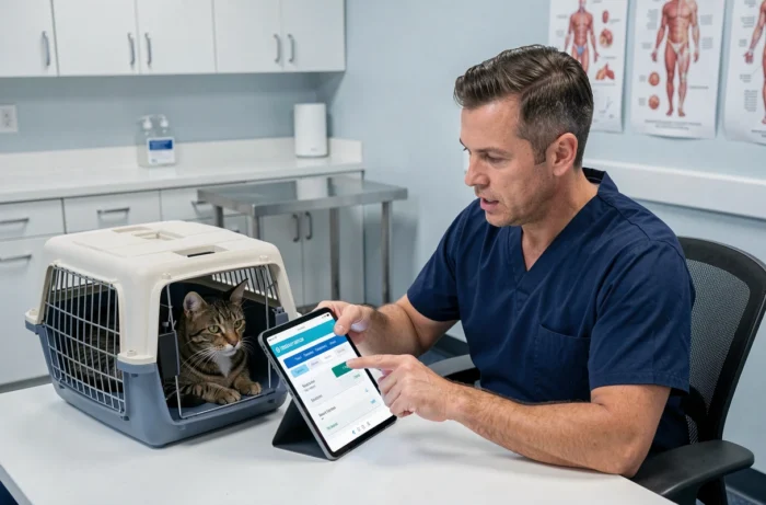 Vétérinaire présentant une comparaison d'assurances santé pour animaux sur tablette avec un chat tigré en cabinet médical