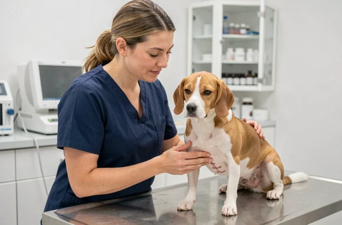 Vétérinaire examinant un beagle après une opération de stérilisation dans une clinique vétérinaire moderne