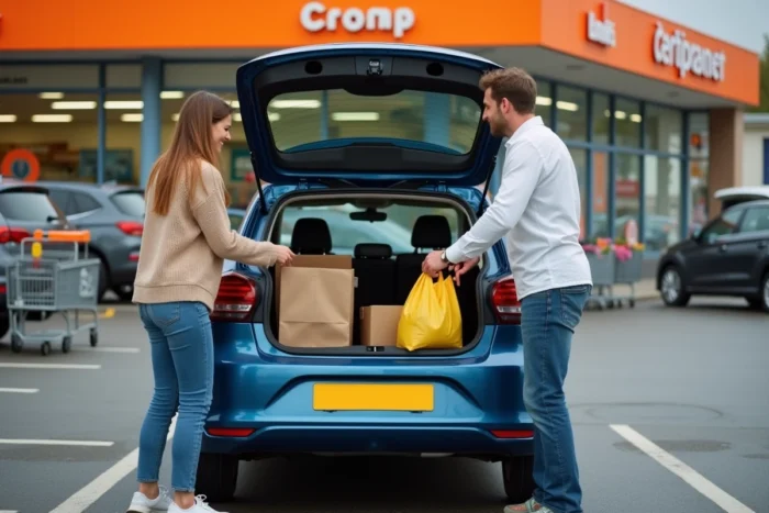 Couple chargeant des courses dans le coffre d'une voiture 9 chevaux fiscaux dans un parking de supermarché