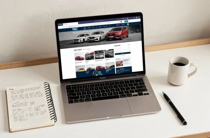Vue aérienne d'un ordinateur portable affichant la structure d'un site web automobile, entouré de notes et d'un café sur un bureau en bois clair