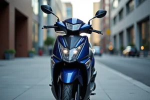 Yamaha XMAX 125 garé en ville sous un angle 3/4 avant, peinture bleu nuit brillante avec détails du tableau de bord
