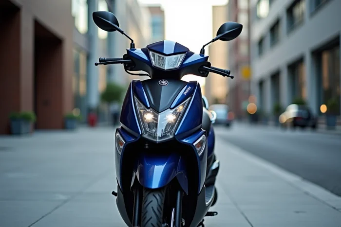 Yamaha XMAX 125 garé en ville sous un angle 3/4 avant, peinture bleu nuit brillante avec détails du tableau de bord